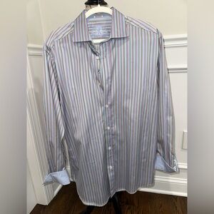 Men’s Bugatchi button down dressy shirt. Bright stripes with cuffs. Size Large